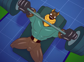 anthro bench bench_press black_nose brown_body brown_fur bulge clothing dumbbell exercise floor fur glistening glistening_body glistening_clothing gloves handwear lying male multicolored_body multicolored_fur muscular on_back red_eyes solo tight_clothing toony two_tone_body two_tone_fur weightlifting weights workout gavanzude road_rovers blitz_(road_rovers) canid canine canis dobermann domestic_dog mammal pinscher alternate_version_at_paywall digital_drawing_(artwork) digital_media_(artwork) hi_res signature