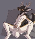 absurd_res anthro antlers athletic athletic_anthro athletic_male balls big_balls canid canine deer genitals hi_res horn huge_balls hybrid kyzermutt male mammal nipples penis penis_tip saggy_balls solo spread_legs spreading uneven_balls unit_no04 urethra