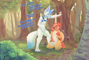 animal_genitalia anthro balls bdsm biped blue_body blue_fur blue_hair blush bodily_fluids claws collar dialogue erection excited floppy_ears forest fur genital_fluids genitals grass hair harness holding_leash holding_object holding_sheath kneeling leaning_against_tree leash looking_up_at_partner male male/male marking_territory motion_lines nude on_grass on_ground open_mouth orange_body orange_fur outside paws peeing peeing_on_another penis penis_tip petplay plant precum roleplay sheath smile standing tail tail_motion tailwag text tongue tree urine watersports whining white_body white_fur supersonicsoup kazter timber_snowfox canid canine canis domestic_dog fox mammal absurd_res english_text hi_res