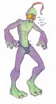 3_toes 4_fingers blush clothed clothing dialogue feather_hair feathers feet fingers hair not_furry orange_eyes ponytail pseudo_hair sewn_mouth solo standing text toes topless underwear asianpie oddworld abe_(oddworld) alien alien_humanoid humanoid mudokon digital_drawing_(artwork) digital_media_(artwork) english_text