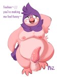 animal_genitalia anthro balls beak belly blush dialogue genitals male markings nipples overweight overweight_male penis pink_body pink_nipples pink_penis popo_(pekozan) presenting presenting_penis purple_body purple_markings solo tapering_penis text shelbyzangoose nintendo pokemon avian bird generation_4_pokemon generation_5_pokemon penguin piplup pokemon_(species) english_text