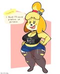 2024 animal_crossing anthro band_logo band_shirt bell belly black_clothing black_nose black_shirt black_tank_top black_topwear blonde_hair blue_bottomwear blue_clothing blue_shorts bottomwear breasts canid canine canis cleavage clothed clothing death_(band) dialogue digital_drawing_(artwork) digital_media_(artwork) domestic_dog english_text female full-length_portrait fur graphic_tee hair hands_on_hips handwritten_text hi_res hotpants imrachets isabelle_(animal_crossing) leggings legwear long_ears mammal midriff navel nintendo open_mouth open_smile portrait shirt shorts simple_background slightly_chubby slightly_chubby_anthro slightly_chubby_female smile solo tank_top teeth text text_on_clothing text_on_topwear tied_hair topwear torn_clothing torn_leggings torn_legwear white_background wide_hips yellow_body yellow_ears yellow_face yellow_fur