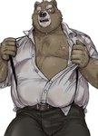 anthro belly black_nose bodily_fluids bottomwear brown_body clothing humanoid_hands kemono male overweight overweight_male pants shirt simple_background solo suspenders sweat topwear white_background amamiya bear mammal 2022 hi_res