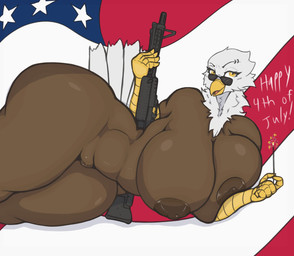 american_flag anthro areola big_breasts biped breasts brown_body eyewear female genitals gun holding_gun holding_object holding_ranged_weapon holding_weapon holidays huge_breasts lying nipples on_side ranged_weapon solo sunglasses text thick_thighs united_states_of_america vulva weapon amadchief 4th_of_july accipitrid accipitriform avian bird eagle absurd_res hi_res