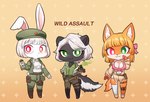 accessory anthro belt black_body black_fur bottomwear bow_ribbon breasts chibi cleavage clothed clothing detailed_background female floppy_ears fully_clothed fur green_clothing green_eyes green_shirt green_topwear group hair hair_accessory hair_bow hair_ribbon hat headgear headwear heterochromia jacket looking_at_another looking_at_viewer medical_instrument military multicolored_body multicolored_fur orange_body orange_fur pants piercing ranged_weapon red_eyes ribbons scientific_instrument shirt soldier tail text topwear trio two_tone_body two_tone_fur warrior weapon white_body white_fur white_hair fchicken combat_cat_studio wild_assault hongying_(wild_assault) marquez_(wild_assault) lagomorph leporid mammal mephitid rabbit skunk 2024 artist_name english_text