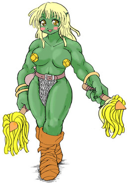 bag belt big_breasts blonde_hair blush bracelet breasts brown_eyes chainmail cheerleader covered_nipples cute_fangs fangs feet female foot_wraps green_body green_skin hair humanoid_pointy_ears jewelry muscular muscular_female muscular_humanoid not_furry open_mouth pasties pointy_ears simple_background solo teeth tongue white_background wraps unknown_artist humanoid orc