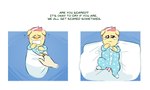 anthro baby bedding blanket bodily_fluids clothing crying earth_pony english_text equid equine fan_character golden_keylime_(oc) golden_string_peach_(oc) hasbro horse male mammal my_little_pony offscreen_character onesie pony redxbacon ring tears text young young_anthro young_male