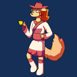 anthro asian_clothing clothing ears_down east_asian_clothing female fluffy fluffy_tail fur hair hat headgear headwear japanese_clothing kimono orange_hair pivoted_ears red_clothing red_hat red_headwear standing tail tan_body tan_fur trycia_lotus white_eyes undertale_yellow ceroba_ketsukane canid canine fox mammal hi_res