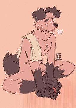 anthro black_body black_eyes black_fur bodily_fluids brown_body brown_fur eyes_closed floppy_ears fur male nude_anthro nude_male pawpads pink_pawpads slim_anthro slim_male solo sweat sweatdrop towel towel_on_shoulder hemuchang shin_(hemuchang) canid canine canis domestic_dog mammal 2022 hi_res