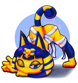 anthro ass_up bandage big_butt blue_background blue_body blue_eyes blue_fur blue_hair butt eyelashes feet female front_view fur hair jack-o'_pose looking_at_viewer markings one_eye_closed pose short_hair simple_background solo striped_markings striped_tail stripes tail tail_markings uraeus white_background wink winking_at_viewer yellow_body yellow_fur starliightzone animal_crossing nintendo ankha_(animal_crossing) domestic_cat felid feline felis mammal hi_res