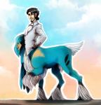 blue_body blue_fur clothed clothing coat fur hooves looking_at_viewer male raised_leg solo split_form taurification taurified topwear white_body white_fur yellow_eyes kelbremdusk nintendo pokemon cobalion generation_5_pokemon legendary_pokemon pokemon_(species) pokemon_taur taur hi_res