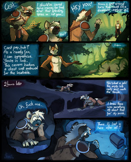 adventurer all_fours anthro armor bottomwear cave clothing collar crawling dialogue duo loincloth male pants pauldron profanity text gothwolf seru canid canine fox hyena mammal mimic comic english_text hi_res