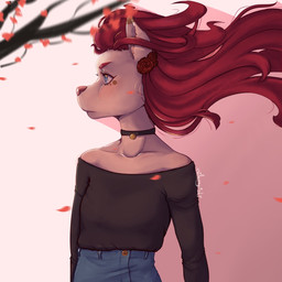 anthro blue_eyes bottomwear breasts cherry_blossom choker clothed clothing falling_petals female flower flowing_hair fully_clothed hair jewelry long_hair necklace petals plant prunus_(flower) red_hair rose_(flower) shoulderless_shirt skirt small_breasts solo sweater topwear wide_hips wind conditional_dnp nikoyishi bailee_(nikoyishi) canid canine canis domestic_dog mammal shiba_inu spitz 1:1 2020 digital_media_(artwork) half-length_portrait hi_res portrait shaded warm_colors