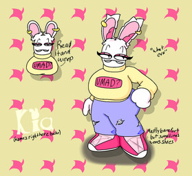 anthro big_breasts black_eyes blue_bottomwear blue_clothing blue_pants bottomwear breasts buckteeth closed_smile clothed clothed_anthro clothed_female clothing ear_piercing ear_ring eyelashes female footwear fully_clothed fully_clothed_anthro fully_clothed_female fur gold_(metal) gold_ear_ring hand_on_hip hand_on_own_hip light long_ears looking_at_viewer mitten_hands mouth_closed noseless pants pattern_background piercing pink_inner_ear red_clothing red_eyelids red_footwear red_shoes ring_piercing shirt shoes simple_background smile smiling_at_viewer solo teeth text text_on_clothing text_on_shirt text_on_topwear thin_eyebrows topwear torn_bottomwear torn_clothing torn_pants white_body white_fur yellow_background yellow_clothing yellow_shirt yellow_topwear gboogie32 raving_rabbids rayman_(series) u_mad_bro? ubisoft fan_character kia_(gboogie32) lagomorph mammal rabbid 2023 character_name colored digital_drawing_(artwork) digital_media_(artwork) english_description english_text lighting model_sheet shaded