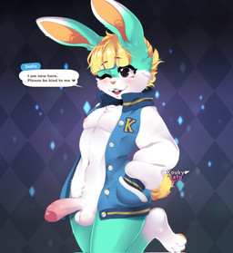 anthro balls blush clothing dialogue femboy foreskin fur genitals green_body green_fur humanoid_genitalia humanoid_penis jacket male one_eye_closed open_mouth penis simple_background smile solo text topwear koukysato animal_crossing nintendo sasha_(animal_crossing) lagomorph leporid mammal rabbit 2021 digital_media_(artwork) english_text hi_res