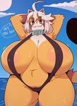 ahoge anthro areola beach belly big_breasts black_body black_fur bouncing_breasts breasts brown_body brown_fur clothing collar dialogue female fur hair huge_breasts huge_thighs hyper looking_at_viewer markings motion_lines multicolored_body multicolored_fur nipple_outline one-piece_swimsuit orange_body orange_fur red_eyes slightly_chubby slightly_chubby_anthro slightly_chubby_female sling_bikini smile smiling_at_viewer solo speech_bubble striped_markings striped_tail stripes swimwear tail tail_markings text thick_thighs water wet white_body white_fur white_hair low_res_art kiki_(low_res_art) ailurid mammal red_panda hi_res watermark