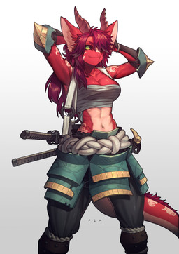 abs anthro armor athletic black_sclera breasts chest_wraps clothed clothing female gradient_background green_eyes hair hair_over_eye hands_behind_head horn inner_ear_fluff katana long_hair looking_at_viewer melee_weapon navel one_eye_obstructed simple_background solo sword tail tuft weapon wraps pgm300 mythology razia_(narej) dragon mythological_creature mythological_scalie scalie absurd_res digital_media_(artwork) hi_res shaded