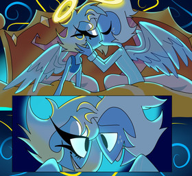 back_wings bed blue_body blue_skin duo eye_contact eyelashes feathered_wings feathers female freckled_face freckles furniture glistening_eyelids hair kiss_on_lips kissing long_eyelashes looking_at_another male male/female on_bed smile under_covers white_body white_feathers white_hair wings emositecc hellaverse helluva_boss millie_(helluva_boss) moxxie_(helluva_boss) angel angel_humanoid humanoid colored hi_res