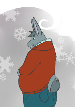 anthro back_pockets bottomwear butt clothed clothing cold fur grey_background grey_body grey_fur grey_hair hair hand_on_belly hoodie male pants scut_tail shirt short_tail side_view simple_background smile snowflake solo standing tail teeth topwear wind stufferzz rover_(stufferzz) lagomorph leporid mammal rabbit hi_res