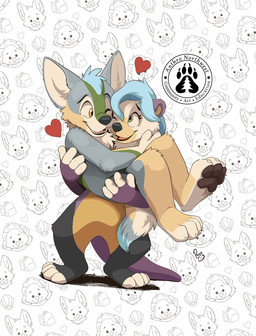 anthro arm_tuft black_body black_fur blue_hair blue_tail cheek_tuft duo eye_contact eyelashes facial_tuft featureless_crotch female female_anthro front_view fur glistening glistening_eyes green_eyes grey_body grey_fur grey_tail hair happy heart_symbol holding_another logo long_hair looking_at_another male male/female male_anthro nude one_eye_closed open_mouth open_smile orange_body orange_eyes orange_fur pattern_background purple_body purple_fur purple_tail short_hair shoulder_tuft side_view simple_background smile standing tail tan_body tan_fur tan_tail tuft pandapaco canid canine mammal mustelid otter artist_logo hi_res signature