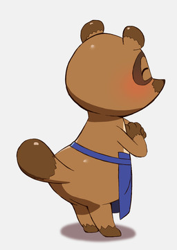 3_fingers anthro apron biped blush brown_body brown_fur butt chibi clothing fingers fur kemono simple_background solo ma5ka4nai animal_crossing nintendo tom_nook_(animal_crossing) canid canine mammal raccoon_dog tanuki 2023 hi_res