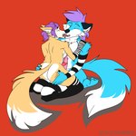 1:1 absurd_res anthro blue_body blue_fur butt canid canine canis clothing duo esacosaverde fox french_kissing fur hair hi_res kissing legwear male male/male mammal purple_hair stockings wolf yellow_body yellow_fur
