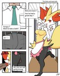 4:5 anthro areola balls braixen breasts canid canine comic duo english_text female first_page fox fur generation_6_pokemon genitals hi_res human human_on_anthro interspecies male male/female mammal medium_breasts nintendo nipples penis pink_areola pink_nipples pink_pussy pokemon pokemon_(species) pussy san_ruishin text vein veiny_penis yellow_body yellow_fur