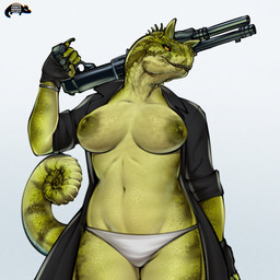 anthro big_breasts black_clothing breasts clothed clothing coat curled_tail female fingerless_gloves front_view gloves green_body green_scales gun handwear holding_gun holding_object holding_ranged_weapon holding_shotgun holding_weapon horn navel nipples non-mammal_breasts non-mammal_navel non-mammal_nipples panties ranged_weapon scales shotgun simple_background skimpy solo tail topless topless_female topwear trenchcoat underwear weapon weapon_on_shoulder white_background josephsuchus abelisaurid carnotaurus dinosaur prehistoric_species reptile saurischian scalie theropod 1:1 hi_res