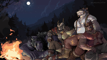 abs anthro armor ashes barazoku belly big_muscles black_body black_fur body_hair boots bottomwear brown_body brown_fur bulge campfire camping chest_hair claws clothed clothing cloud countershading detailed_background facial_hair fangs fantasy finger_claws fire footwear forest forest_background fur green_body green_skin grey_body grey_scales group hair happy_trail harness headgear headgear_only helmet helmet_only horn horned_helmet jewelry karth_(endless_bounty) leather leather_armor leather_boots leather_clothing leather_footwear leather_harness leather_topwear light male male/male moon moonlight musclegut muscular muscular_anthro muscular_male nature nature_background navel necklace night nipples open_clothing open_topwear open_vest outside overweight overweight_male pants pauldron pecs pixel_art_(artwork) plant scales scar shirt shoes sitting sky skyscape sleeping smile smoke star starry_sky suspenders tail tail_motion tailwag teeth topwear tree vest yellow_eyes dynewulf gavel_(artist) endless_bounty mythology drok'tar_(endless_bounty) gerald_(endless_bounty) lozran_(endless_bounty) canid canine canis dragon humanoid mammal mythological_creature mythological_scalie orc scalie 2025 animated digital_media_(artwork) hi_res loop pixel_(artwork) pixel_animation short_playtime