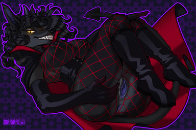 anthro anus areola big_breasts biped black_areola black_body black_fur black_hair black_nipples black_nose blue_anus blue_vulva boots breasts butt cape clothing corset female fishnet_clothing fishnet_topwear footwear fur genitals hair horn lingerie looking_at_viewer lying nipples on_back pattern_background presenting presenting_hindquarters shoes simple_background smile smiling_at_viewer solo spade_tail spread_vulva spreading tail topwear vulva yellow_eyes mariart canid canid_demon demon mammal 2023 3:2 digital_media_(artwork) hi_res