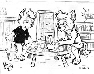 anthro beverage bottomwear clothed clothing diaper duo eyewear food furniture glasses hair holding_beverage holding_object logo male male_anthro messy_hair mouth_closed round_glasses shirt short_hair shorts sitting t-shirt table topwear wearing_diaper young young_anthro young_male pandapaco canid canine mammal 2015 artist_logo dated monochrome signature
