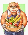 anthro brown_body brown_fur clothing eyebrows eyewear farmer fur glasses gloves handwear hat headgear headwear looking_at_viewer male overalls shirtless slightly_chubby solo straw_hat thick_eyebrows towel kemokemumaki lifewonders tokyo_afterschool_summoners volos_(tas) bear mammal