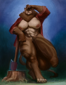 anthro axe balls barazoku big_balls big_muscles big_pecs big_penis bottomless brown_body brown_fur clothed clothing exhibitionism fur genitals huge_balls huge_pecs huge_penis hyper hyper_genitalia hyper_penis jacket leaning lumberjack male mostly_nude muscular muscular_anthro muscular_male outside pecs penis public solo topwear tree_stump rayoutofspace mammal absurd_res hi_res