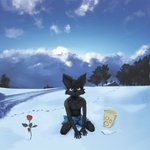 anthro black_body black_fur blue_eyes bottomwear clothed clothing fangs flower fur male parody plant rose_(flower) shorts snow solo teeth topless topless_male young young_anthro dakkawoof dream_theater dakka canid canine canis mammal wolf 1:1 2021 album_cover cover hi_res