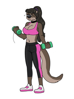 accessory anthro big_breasts big_nose black_bottomwear black_clothing black_nose black_pants bodily_fluids bottomwear bra breasts brown_body brown_fur brown_hair butt choker clothing collar eyelashes eyes_closed eyewear female footwear fur glasses glistening glistening_hair glistening_nose hair hair_accessory hairband jewelry long_hair long_tail navel necklace pants pattern_bottomwear pattern_clothing pattern_pants philtrum pink_bra pink_clothing pink_soles pink_stripe pink_underwear ponytail purple_hairband round_glasses shoelaces shoes simple_background solo sports_bra striped_bottomwear striped_clothing striped_pants stripes struggling sweat tail underwear weights white_background white_clothing white_footwear white_shoes blackshirtboy otter_(blackshirtboy) mammal mustelid otter 2017