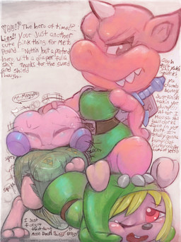anthro ball blonde_hair blush bodily_fluids bullying clothing diaper dominant ejaculation erection erection_in_diaper feces genital_fluids group hair humiliation male male/male melee_weapon onomatopoeia pink_body scatplay shield simple_background size_difference smaller_male soiled_diaper soiling sound_effects submissive submissive_male sword text unclean_diaper urine used_diaper weapon wet_diaper wetting overflo207 nintendo the_legend_of_zelda link_(rabbit_form) goblin humanoid lagomorph leporid mammal rabbit absurd_res english_text hi_res url