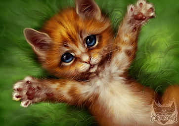 ambiguous_gender blue_eyes feral fur grass inner_ear_fluff looking_at_viewer lying multicolored_body multicolored_fur no_sclera orange_body pawpads pink_nose plant solo tuft whiskers white_body white_fur young young_feral tamberella domestic_cat felid feline felis mammal 2015 signature unavailable_at_source