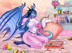 anthro athletic bed bedroom big_breasts blue_body blue_hair blue_scales book breasts clothing dragon_wings female furniture green_eyes hair lamp lava_lamp long_hair multicolored_hair pajamas pink_clothing scales sewing slinky solo tail text text_on_clothing three-quarter_view toy eliana-asato mythology ena_(eliana) dragon mythological_creature mythological_scalie scalie