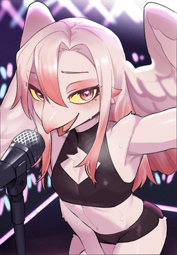 anthro beak bodily_fluids bottomwear breasts cleavage_cutout clothed clothing crop_top cutout electronics eyelashes female hair head_wings hotpants long_hair microphone multicolored_hair navel pink_body red_eyes shirt shorts singing skimpy slim small_breasts solo sparkles sweat topwear two_tone_hair unusual_wing_placement wings yellow_sclera kissrabbit_s2 enix_(kissrabbit_s2) angel avian bird 2025 digital_media_(artwork) hi_res
