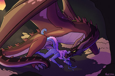 ambiguous_gender anal anal_penetration anthro anthro_on_feral antler_bite bestiality bite cave claws countershading duo feral feral_penetrating finger_claws from_behind_position gold_hoard hand_on_snout large_penetration male male/ambiguous mounting penetration purple_body red_body sex size_difference sunset yellow_sclera waschbar european_mythology mythology balthromaw spinel_(filthygemstones) dragon eastern_dragon mythological_creature mythological_scalie scalie western_dragon wyvern gold absurd_res hi_res