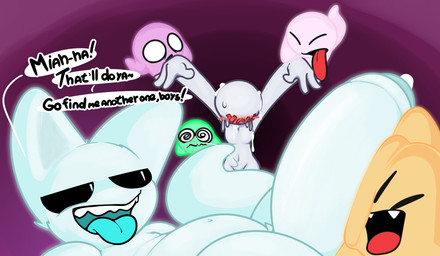 abstract_background ambiguous_gender anthro bodily_fluids cum cum_on_face cum_on_head dialogue face_squish floating genital_fluids genitals glowing group held_up hyper hyper_genitalia male penis penis_on_cheek squish text tongue tongue_out rabblet edo_(rabblet) domestic_cat felid feline felis ghost humanoid mammal spirit english_text hi_res