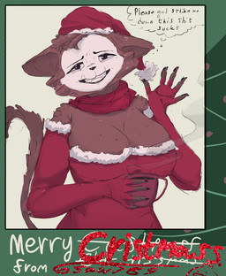 anthro arm_warmers armwear big_breasts bodypaint breasts christmas_clothing christmas_dress christmas_headwear claws clothing container cup dress eyeshadow face_paint female forced_smile freckled_breasts freckles gesture hat headgear headwear holding_container holding_cup holding_mug holding_object holidays looking_at_viewer makeup mascara merry_christmas mug profanity santa_hat scarf smile solo strapless_clothing strapless_dress tail text thought_bubble waving waving_at_viewer white_face white_face_paint 6saw789 christmas mime_(6saw789) domestic_cat felid feline felis mammal 2025 absurd_res digital_drawing_(artwork) digital_media_(artwork) english_text hi_res signature