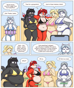 anthro beverage bikini breasts clothing dialogue female group navel slightly_chubby speech_bubble swimwear tail text two-piece_swimsuit weight_gain lordstormcaller beth_(lordstormcaller) britney_(lordstormcaller) haley_(lordstormcaller) sasha_(lordstormcaller) valerie_(lordstormcaller) arctic_wolf canid canine canis coyote felid fox mammal pantherine rodent sciurid tree_squirrel wolf 5:6 absurd_res cel_shading comic english_text hi_res shaded