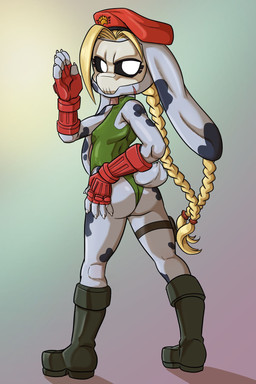 5_fingers accessory anthro arm_markings beret biped black_boots black_clothing black_footwear black_markings black_sclera black_shoes black_spots blonde_hair bodysuit bone boots braided_hair breasts butt butt_markings butt_pose claws clothed clothing cosplay crossgender ear_markings facial_markings facial_scar feet female female_anthro finger_claws fingerless_gloves fingers floppy_ears footwear furgonomics gloves gradient_background green_bodysuit green_clothing green_leotard green_skinsuit grey_body hair hair_accessory handwear hat head_markings headgear headwear humanoid_hands leg_markings leotard long_ears long_hair looking_aside looking_aside_at_viewer looking_at_viewer looking_back looking_back_at_viewer lop_ears markings mtf_crossgender no_pupils pigtails plantigrade pose purple_background rear_view red_clothing red_fingerless_gloves red_gloves red_handwear red_hat red_headwear scar scut_tail shoes short_tail shoulder_markings simple_background skimpy skinsuit skull skull_head slim slim_anthro slim_female small_breasts solo spots spotted_body spotted_markings standing tail tail_clothing teal_background thigh_strap three-quarter_view tight_clothing twin_braids white_claws white_eyes yellow_background daigaijin capcom street_fighter cammy_white waketab_(waketab) lagomorph leporid mammal rabbit 2025 2:3 full-length_portrait hi_res pinup portrait shaded
