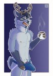 anthro antlers beverage bulge clothing clothing_pull coffee coffee_mug horn jockstrap jockstrap_bulge jockstrap_pull male open_mouth solo tail tired underwear underwear_pull yawn kzero deer equid mammal hi_res