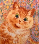 :< abstract_background ambiguous_gender brown_nose ears_up fluffy front_view fur green_eyes inner_ear_fluff looking_at_viewer orange_body orange_fur semi-anthro solo tuft whiskers yellow_eyes louis_wain license_info public_domain domestic_cat felid feline felis mammal ancient_art colored_pencil_(artwork) colorful_theme icon traditional_media_(artwork)