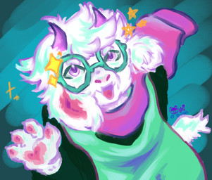 2_horns 4_fingers anthro black_sleeves clothing eyewear fingers floppy_ears glasses green_clothing green_eyewear green_glasses green_robe hand_pawpads horn lop_ears male open_mouth pawpads pink_eyes pink_horn pink_pawpads pink_scarf robe scarf solo oshisan deltarune undertale_(series) ralsei bovid caprine goat mammal hi_res