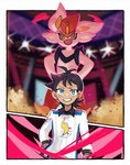 ambiguous_gender anthro black_hair blue_eyes buckteeth duo dynamax fur hair looking_at_viewer macro male open_mouth orange_eyes smug smug_face smug_grin stadium stadium_lighting teeth tongue white_body white_fur sstoh nintendo pokemon goh_(pokemon) cinderace generation_8_pokemon human lagomorph mammal pokemon_(species) 2025 hi_res