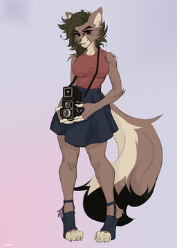 anthro black_tail_tip bottomwear brown_body camera clothing dipstick_tail female green_hair hair inner_ear_fluff looking_at_viewer markings photographer shirt skirt smile solo t-shirt tail tail_markings topwear tuft ansart zoe_(arcori) canid canine canis mammal wolf