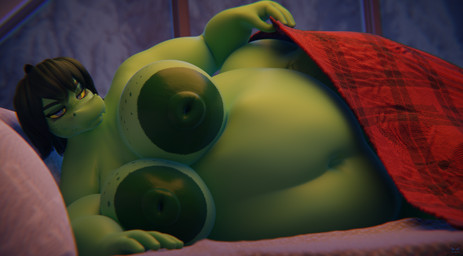 anthro bed belly big_belly big_breasts big_nipples breasts female freckles furniture green_body green_hair green_skin hair nipples nude overweight solo wide_hips winter bizzareraccoon twilightv0ids_(modeler) ven_blackfurr_(modeler) wolke_(modeler) cavemanon_studios i_wani_hug_that_gator olivia_halford alligator alligatorid crocodilian reptile scalie absurd_res blender_(artwork) digital_media_(artwork) hi_res